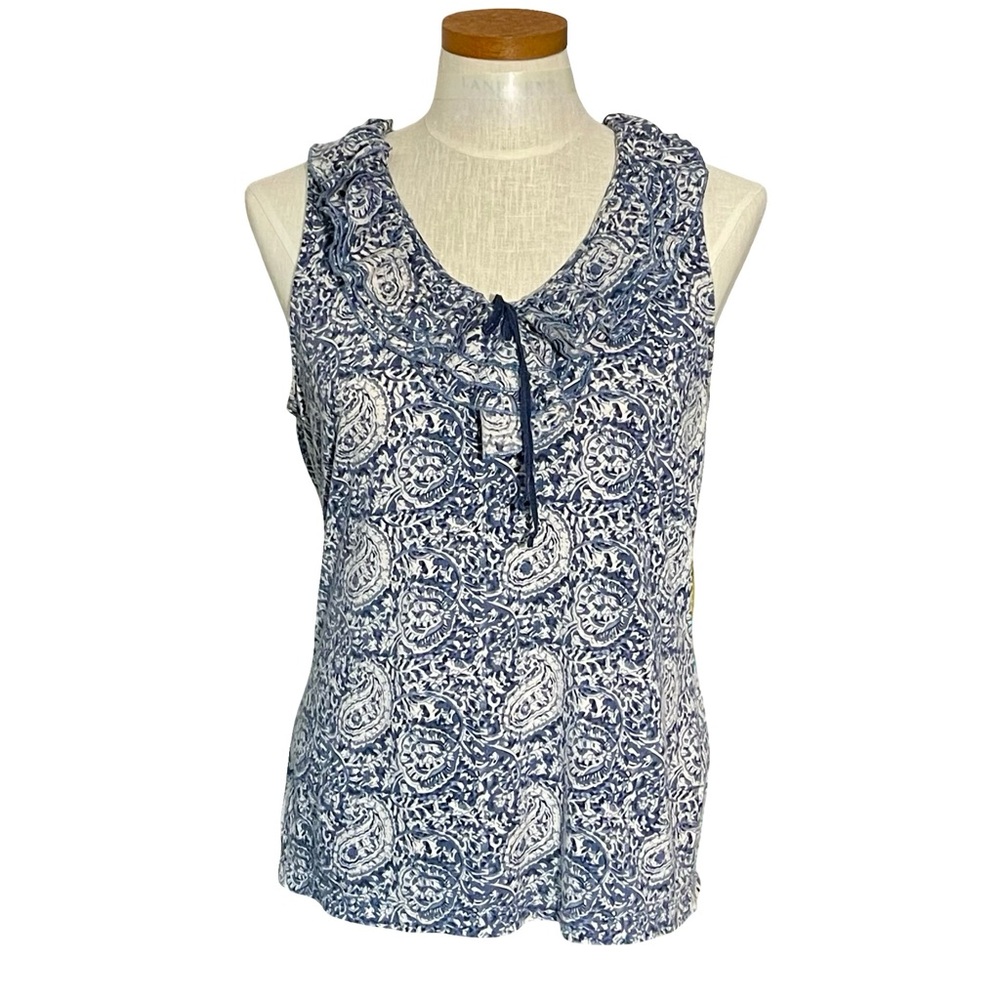 Lauren Ralph Lauren Paisley Blue and White Cotton Sleeveless Ruffled Blouse SzXL